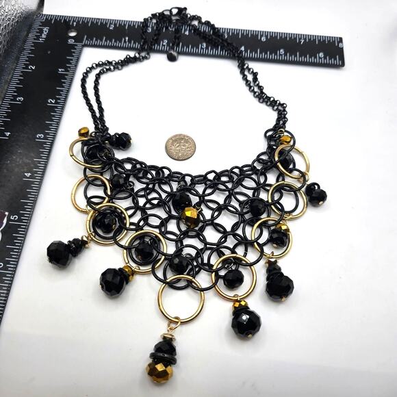 Statement Bib Necklace Black Gold Tone Chainmail Beaded Dangle Faceted Beads - Picture 2 of 5